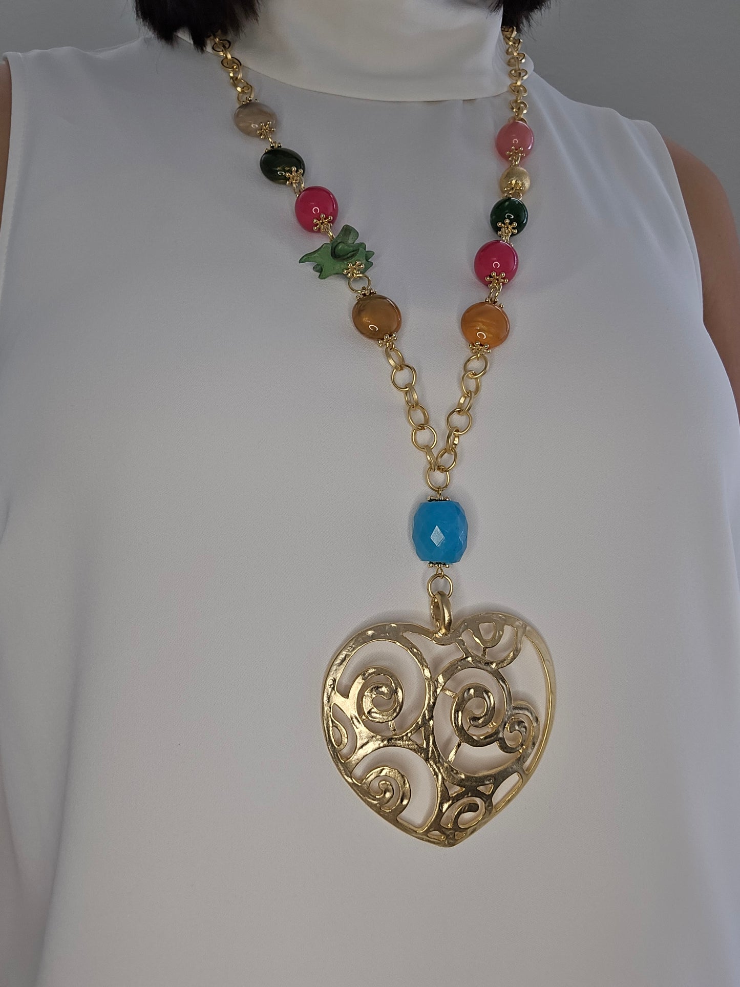 Collar "Beaded Heart", dorado, largo